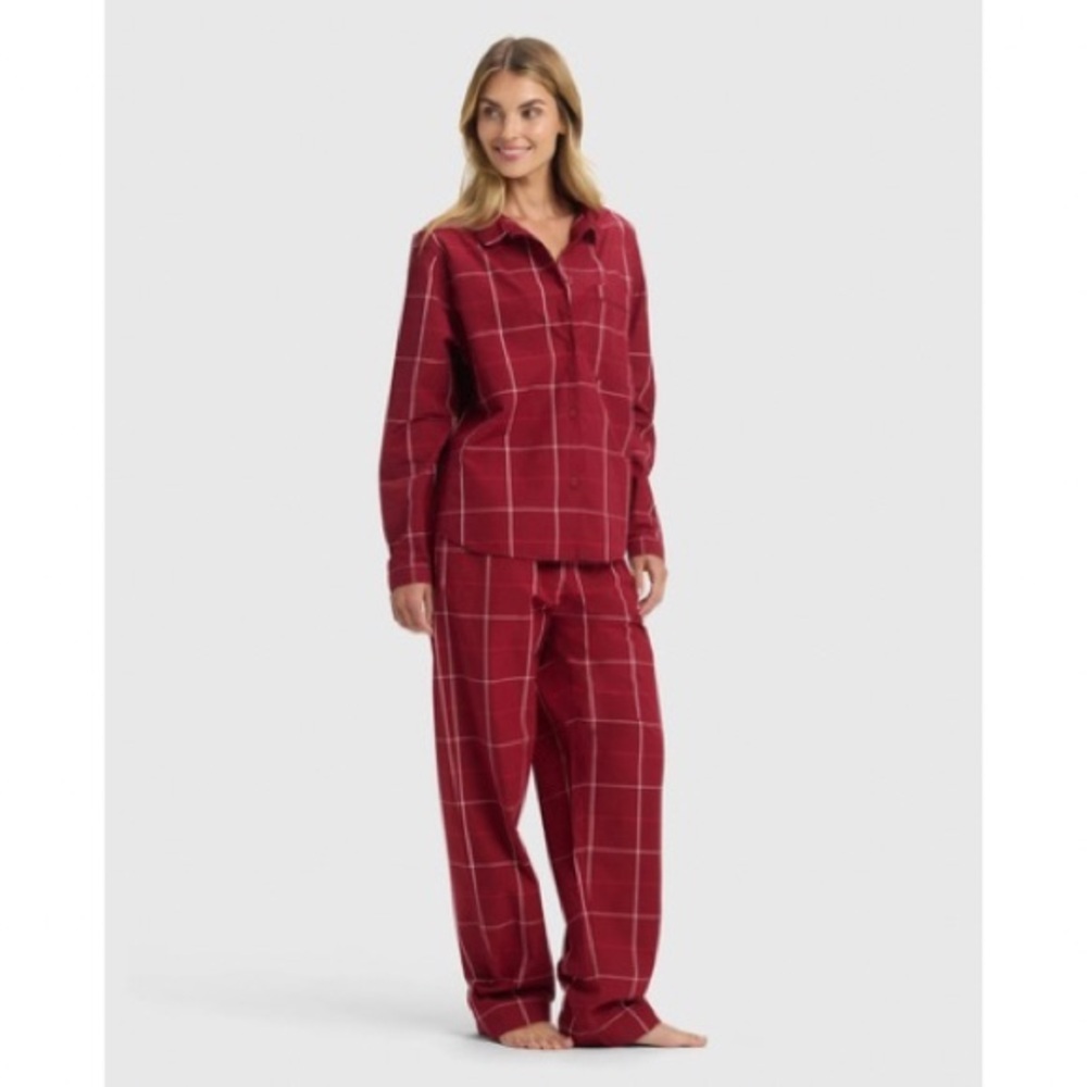 Cozy Earth Sutton Long Sleeve Pajama Set Garnet Windowpane Red Plaid Size Large
